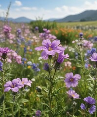Fototapeta premium Fleur de Ruellia angustifolia flowers in a field with other wildflowers , grass, garden