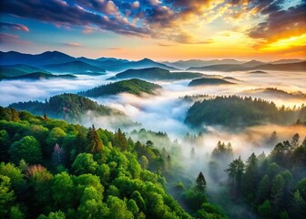 Fototapeta premium Serene Morning Landscape with Rolling Fog-Cloaked Mountains and Evergreen Trees, Capturing Tranquility in Nature's Embrace at Dawn