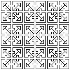 Seamless black and white geometric pattern consisting of abstract shapes with lines forming like arrows in a grid layout. Suitable for backgrounds, textiles, wallpaper and graphic design projects.