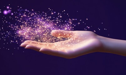 Fototapeta premium Hand Releasing Sparkling Particles in a Mystical Purple Space