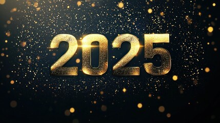 A sleek, modern design featuring "2025" in bold, futuristic font on a black background with golden sparkles
