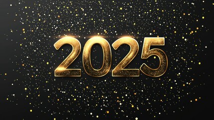 A sleek, modern design featuring "2025" in bold, futuristic font on a black background with golden sparkles