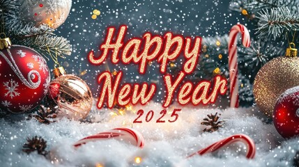 A snowy Christmas background with "Happy New Year 2025" written in glowing red and gold, surrounded by holiday decorations like ornaments and candy canes