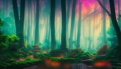 Obraz premium illustration of forest with vibrant colored fog