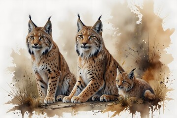 Obraz premium Lynx family in watercolor style