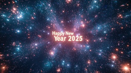 A starry night sky featuring fireworks and twinkling lights, with the phrase "Happy New Year 2025" glowing in the center 