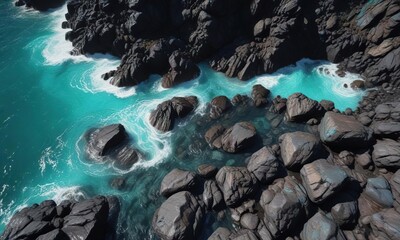 Sea of turquoise water laps against rugged black volcanic rock , ocean, volcanic, waves