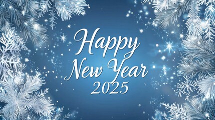 A subtle gradient background in festive blue and silver, with "Happy New Year 2025" written in script font