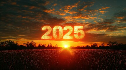 A sunset silhouette of 2024 being replaced by glowing "2025" in the sky