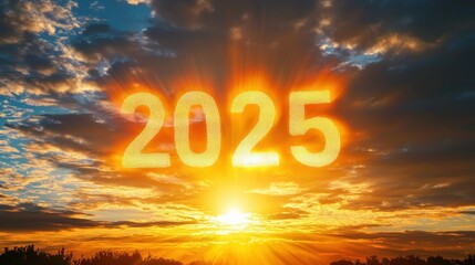 A sunset silhouette of 2024 being replaced by glowing "2025" in the sky 