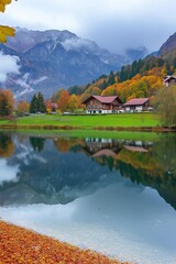 Fototapeta premium AI generated image of high mountain, panorama,weather after snow and stones,Alaskan river landscape,Alpine mountain stream in winter with waterfalls flowing down a snowy plain