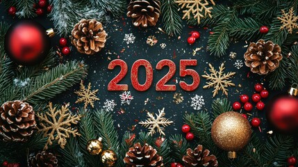 A traditional New Year card with "2025" in red and gold surrounded by classic holiday elements like pinecones, snowflakes, and ornaments