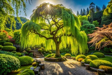 Fototapeta premium Serene Weeping Japanese Pagoda Tree Surrounded by Lush Greenery and Gentle Breeze in a Tranquil Garden Setting Capturing Nature's Beauty in High Depth of Field