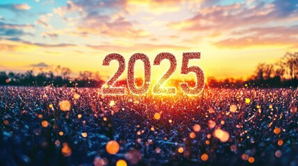 A sunset silhouette of 2024 being replaced by glowing "2025" in the sky 