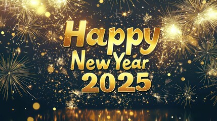 A vibrant golden "Happy New Year 2025" sign glowing against a dark, sparkling background with fireworks in the sky 
