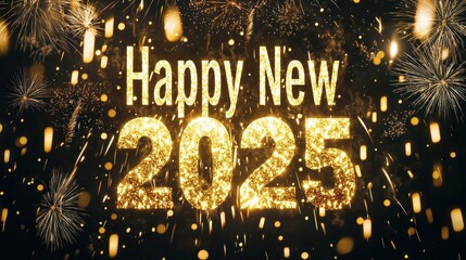 A vibrant golden "Happy New Year 2025" sign glowing against a dark, sparkling background with fireworks in the sky