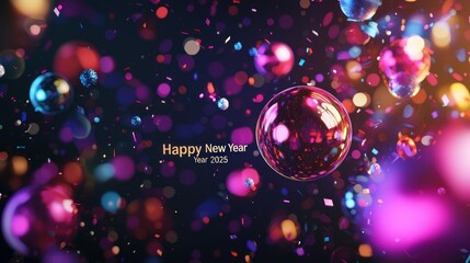 A vibrant "Happy New Year 2025" card featuring colorful fireworks, confetti, and glowing typography on a dark gradient background