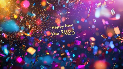 A vibrant "Happy New Year 2025" card featuring colorful fireworks, confetti, and glowing typography on a dark gradient background