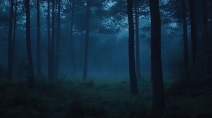 Fototapeta premium Misty Dark Forest at Dusk with Soft Lighting and Mysterious Atmosphere