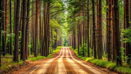 Obraz premium Dirt road meandering through a dense forest of tall trees , forest, road, dirt, path, trees, nature, wilderness, outdoor