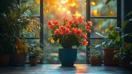 Fototapeta premium Lush green plants and flowers illuminated indoors