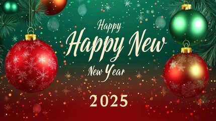 A vibrant red-and-green background with subtle Christmas baubles, complemented by a bold "Happy New Year 2025" in modern, elegant typography 