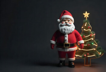 Obraz premium Santa character, gift, white Christmas tree, 3D. Objects on a red background for the celebration of Happy New Year, sales, and discounts. with blue txture background