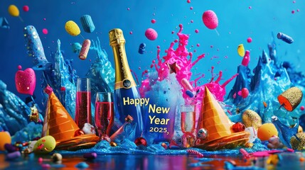 A burst of color splash behind the text "Happy New Year 2025," with glittery accents and party elements like hats and champagne glasses