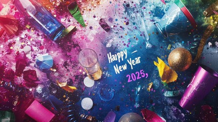 A burst of color splash behind the text "Happy New Year 2025," with glittery accents and party elements like hats and champagne glasses 