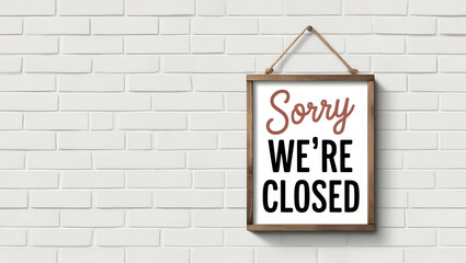Sorry we're closed sign hanging on a white wall with copy space. Small business concept. Perfect for marketing, business, retail store, office.