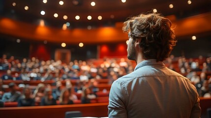 Fototapeta premium A man stands in front of a crowd of people in a large auditorium