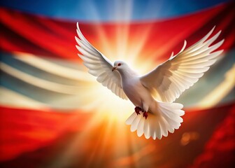 Fototapeta premium Silhouette of a Dove Flying Against the Austrian Flag, Symbolizing Peace and Freedom, Captured in Macro Photography, Evoking Emotions of Hope and Unity in a Beautiful Setting
