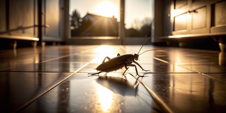 Silhouette of a Cockroach on a Kitchen Floor, Highlighting Household Pest Control Efforts Against Infestations and the Importance of Eliminating Household Pests