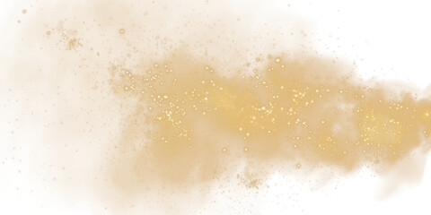 Fantastic golden smoke background. Magic golden smoke with glitter and small particles of twinkling stars. Fog with luminous particles. Yellow vapor with stardust. Morning fog over land or water surfa