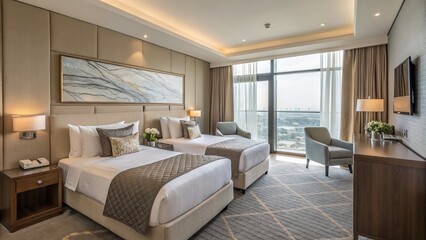 Fototapeta premium Sleek Modern Hotel Room Featuring Double Bed, Beige and Grey Decor, Large Window, and Abstract Painting in Contemporary Interior Design Style