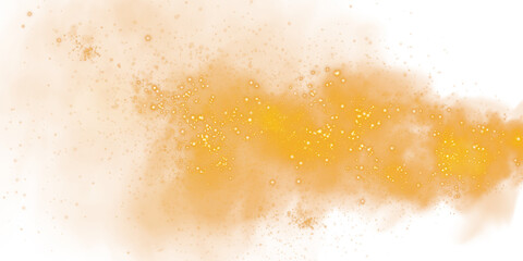 Fototapeta premium Fantastic orange smoke background. Magic orange smoke with glitter and small particles of twinkling stars. Fog with luminous particles. Orange vapor with stardust. Morning fog over land or water surfa