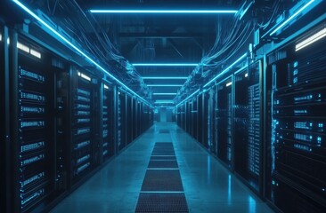 Fototapeta premium Futuristic Data Center with Neon Lights and Server Racks