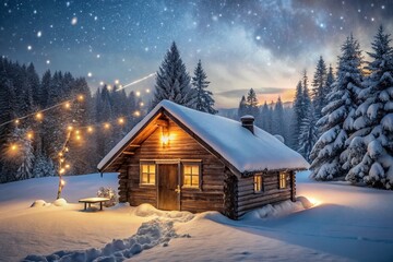 Fototapeta premium Snow-Covered Cabin Adorned with Twinkling Holiday Lights in a Serene Winter Landscape, Perfect for Cozy Holiday Imagery and Seasonal Decor Inspiration