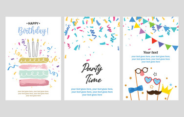 Happy Birthday cards set in blue and golden colors. Celebration vector posters with birthday cake and confetti