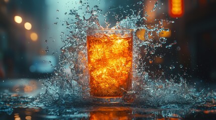 Fototapeta premium Dramatic whiskey splash with ice cubes in golden light