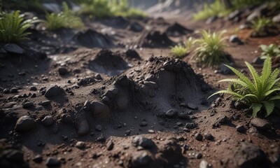 Detailed view of rugged black soil on a forest floor , decayed leaves, tree roots, earthy