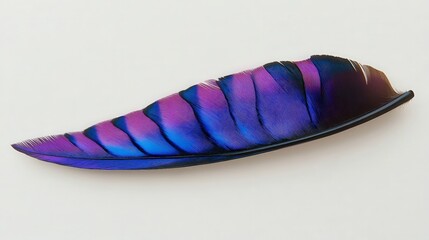 A vibrant feather from a purple martin, displaying deep purple and blue hues with a glossy finish