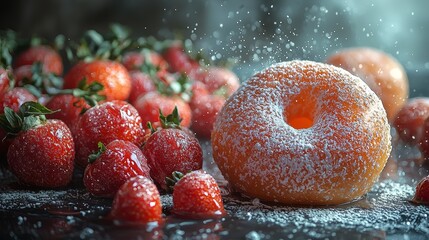 Fresh strawberries and sugar-coated donuts