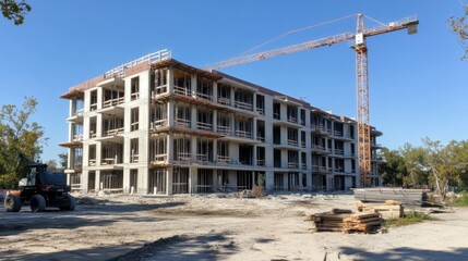 Under-construction building with scaffolding in an urban setting