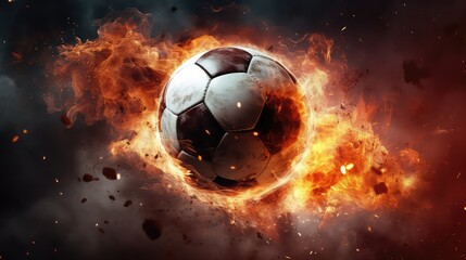 Fototapeta premium A soccer ball is surrounded by fire and debris