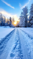 Obraz premium Scenic winter landscape featuring a snow-covered path at sunset in a tranquil forest