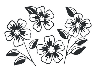 Obraz premium A set of artistic, black, and white floral illustrations featuring minimalistic and abstract designs, showcasing various flowers and leaves arranged uniquely on a white background.