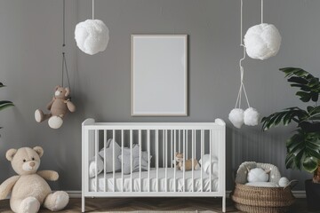 Modern Scandinavian baby room with white furniture and natural toys.