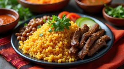 A vibrant plate of yellow couscous, grilled meat, and chickpeas garnished with fresh cilantro, accompanied by cucumber and tomato slices, creates a colorful culinary presentation