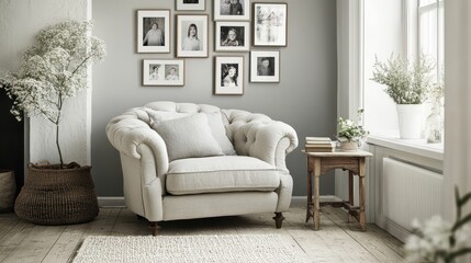 Fototapeta premium Elegant Living Room Interior Design with Comfortable Armchair, Vintage Photos, and Natural Decor Accents